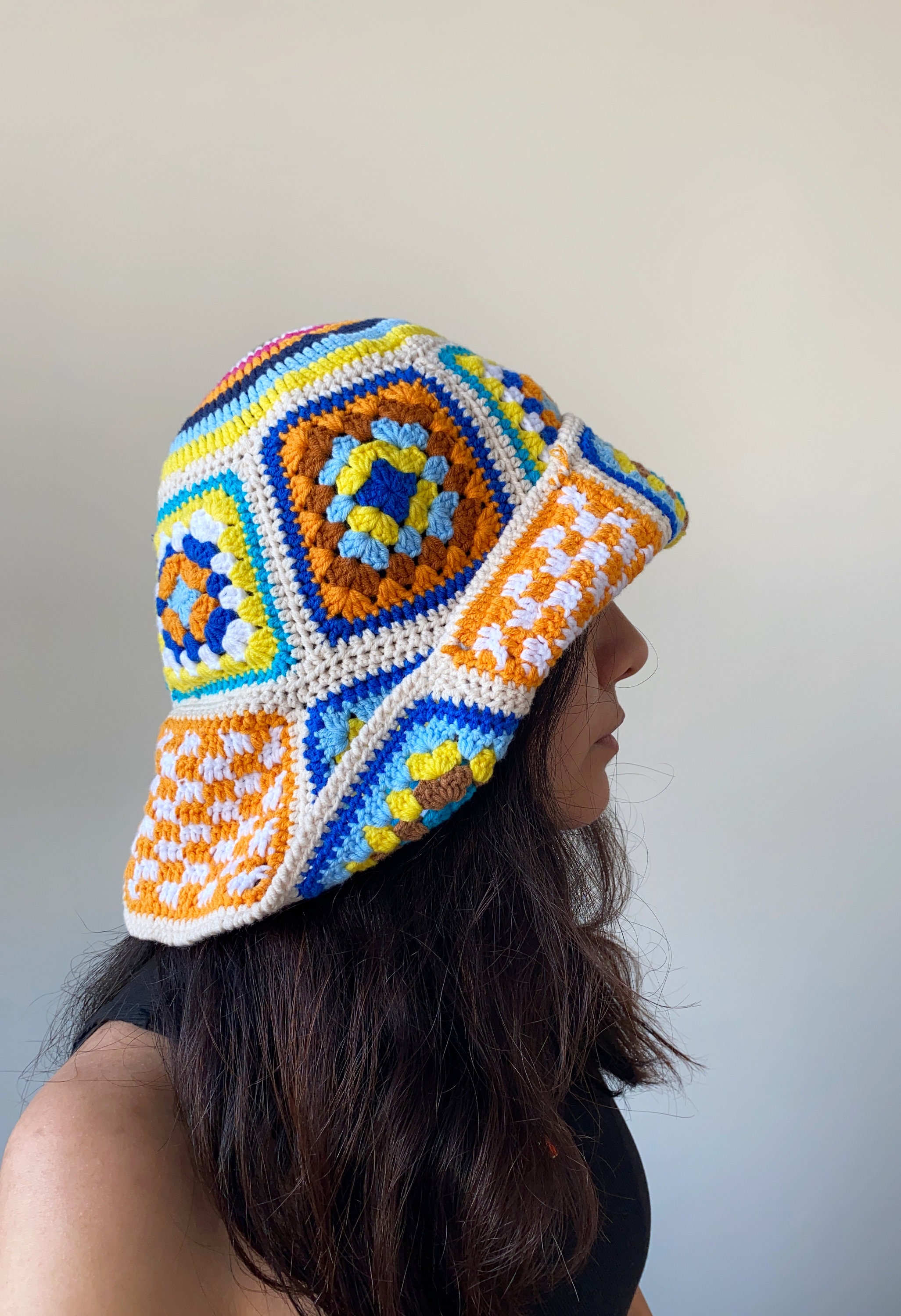 Handcrafted Crochet Bucket Hat Granny Square Acrylic Yarn Handmade Knit Crochet Bucket Hat Granny Square Pattern Pink Green Yellow  main image 2