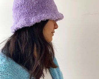 Stylish Crochet Fluffy Bucket Hat,handmade Lilac Plush Hat  display picture 1