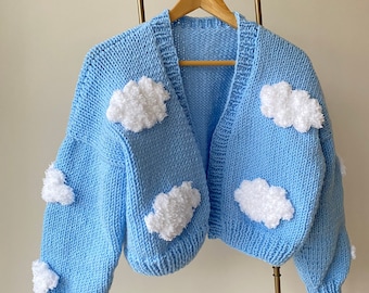 Cárdigan de nubes grueso tejido a mano, top corto de punto azul bebé Y2K