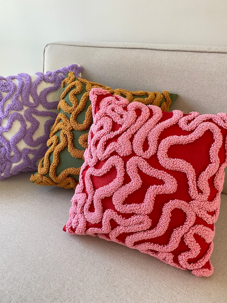 Groovy Punch Needle Pillow Cover,Cosy Decorative Embroidered Cushion Cover,Wavy Aesthetics,Colorful Rug Cushion,Abstract Throw Pillow Cover image 7