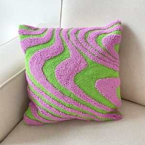 Hand Tufted Punch Needle Pillow Cover,Decorative Embroidered Cushion Cover,Y2k Vibrant Wavy Lines,Fun Home Decor Rug,Psychedelic Printed image 3