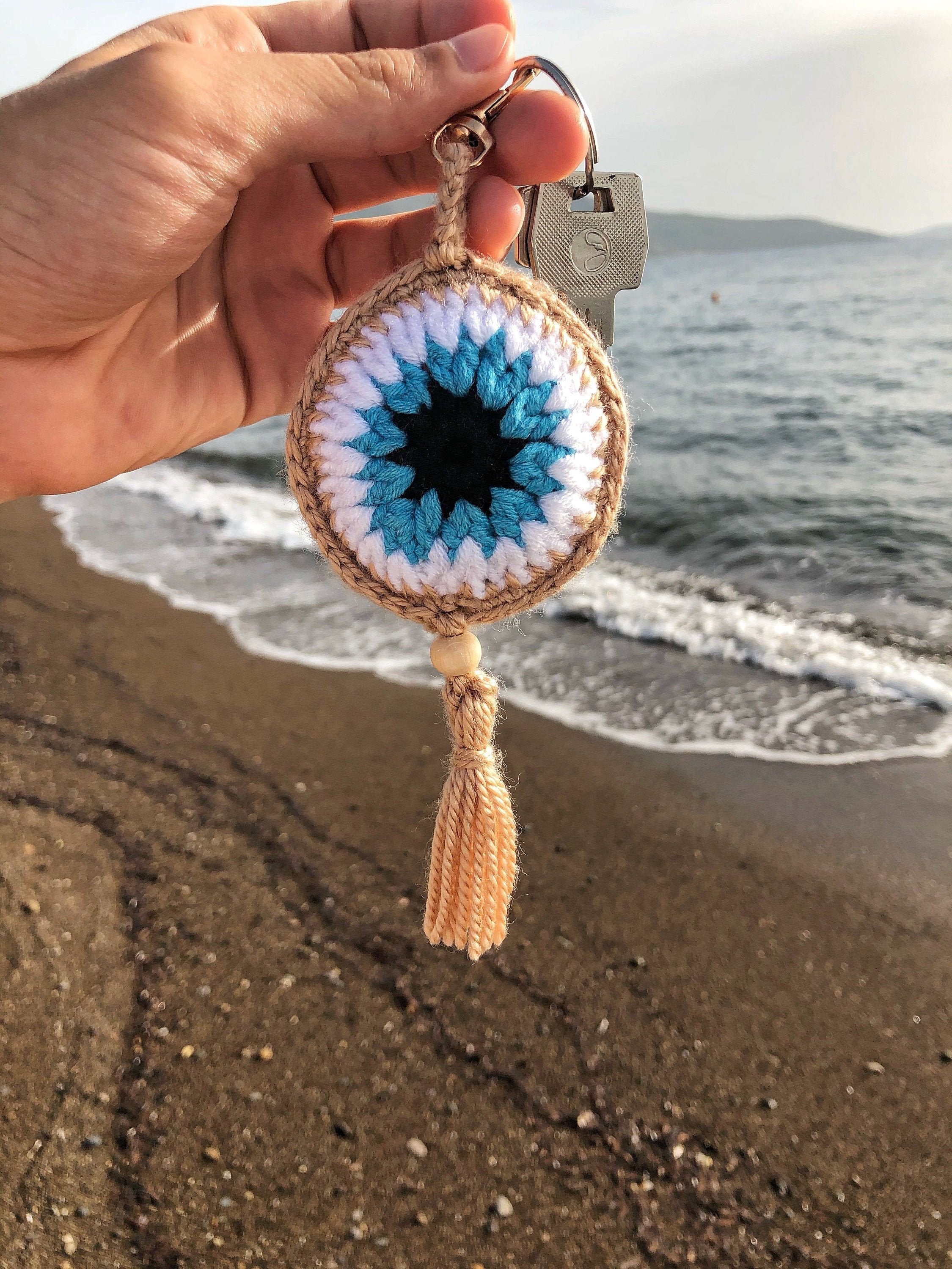 Crochet Evil Eye Keychain, Handmade Tassel Charm - Etsy