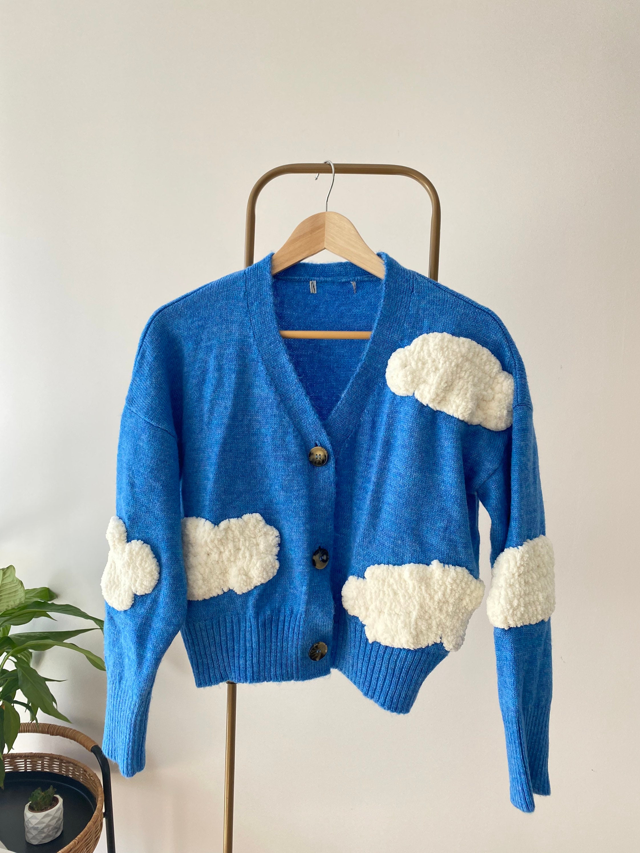 [GRAVER]★CLOUD SMILE EMBROIDERY KNIT CARDIGAN Unique Cardigan Chunky Cloud Embroidery, Cloudy Knit Women