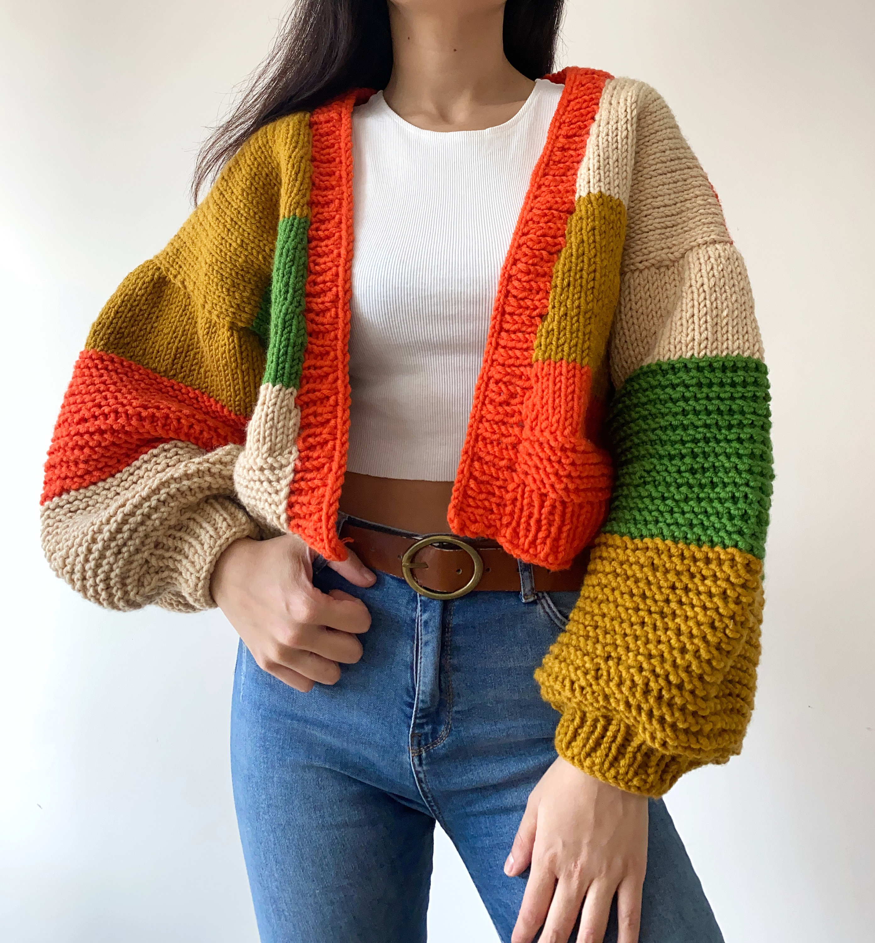 Handknit Chunky Patchwork Cardigan, Soft Women Sweater,handmade