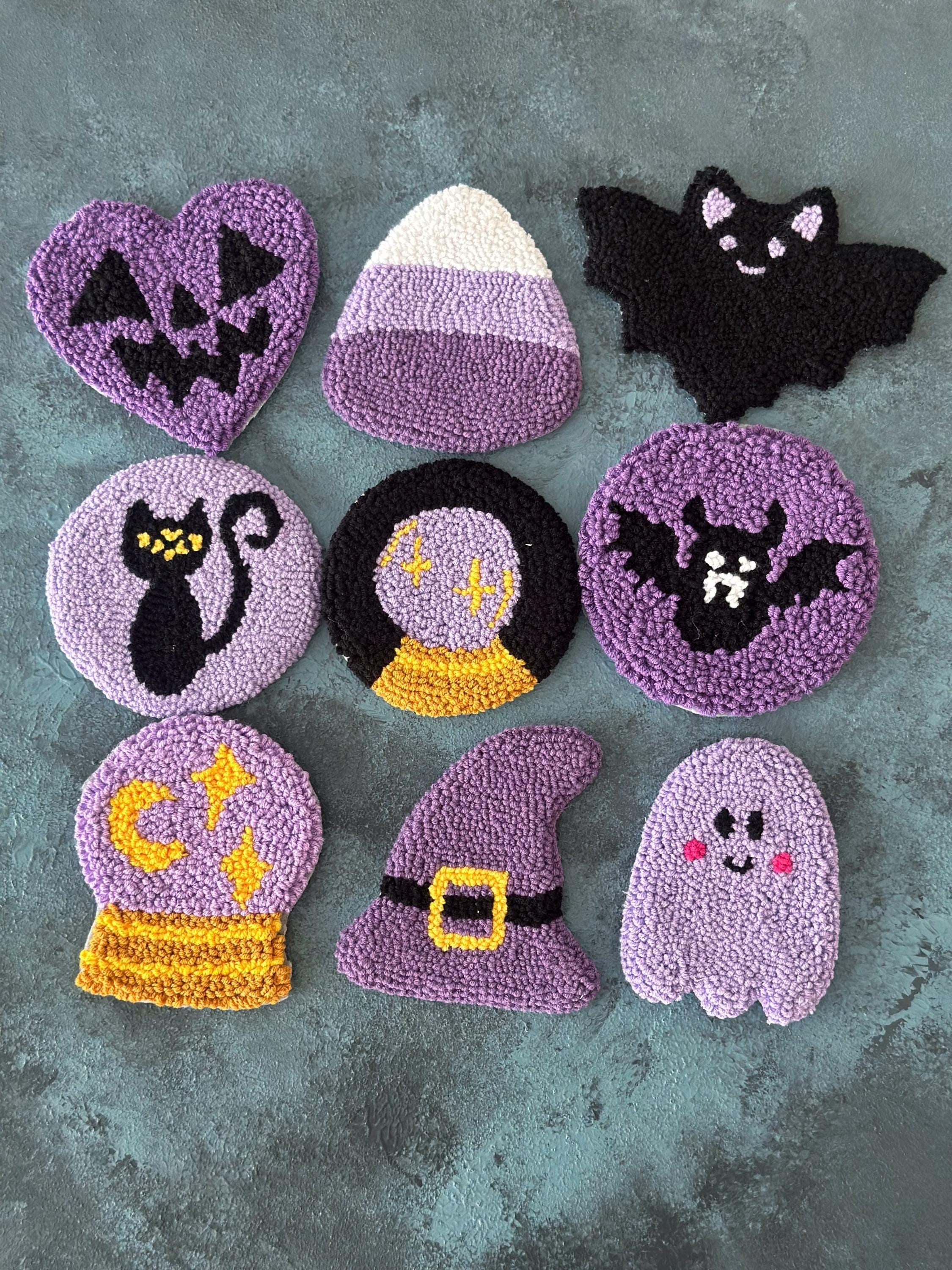 Purple Halloween Punch Needle Coaster,handmade Ghost Spider Web