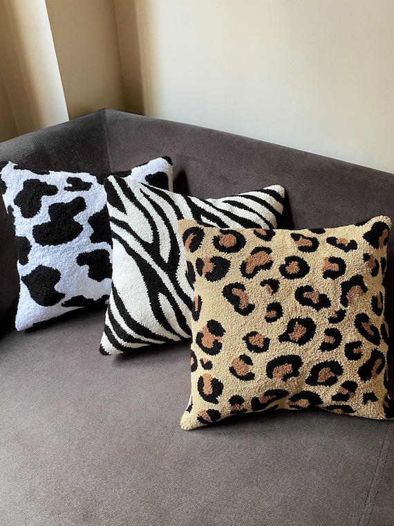 Handgestickte Tier Druck Punch Nadel KissenBezüge,Leopard bestickte  Kissenhülle,Home Decor Stickerei Zebra Teppich Kissen,Kuh Print Kissen