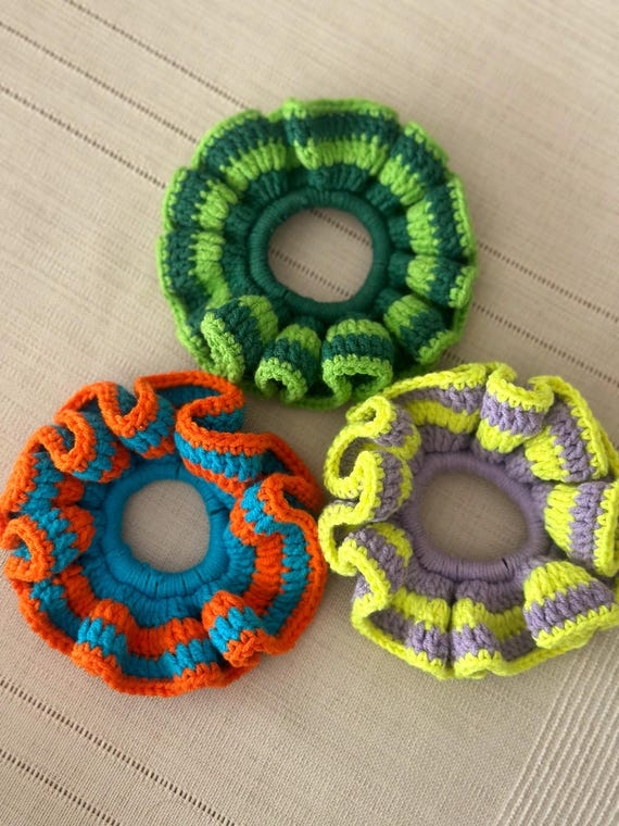 Handmade Crochet Hair Scrunchies, Ruffled Boho Hair Tie With 