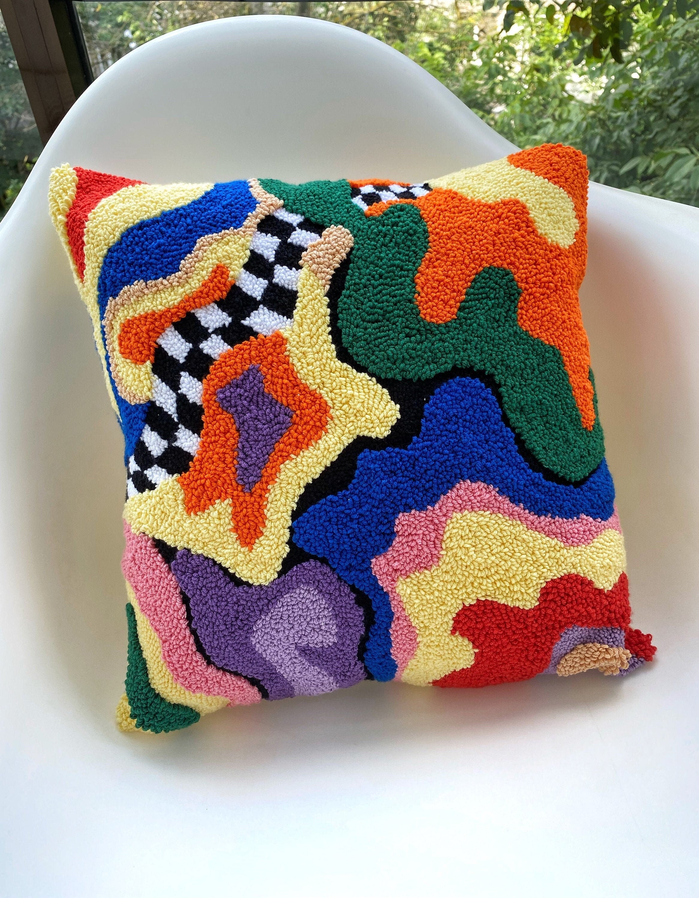 Hand Tufted Punch Needle Pillow Cover,decorative Embroidered Cushion  Cover,y2k Vibrant Wavy Lines,fun Home Decor Rug,psychedelic Printed 