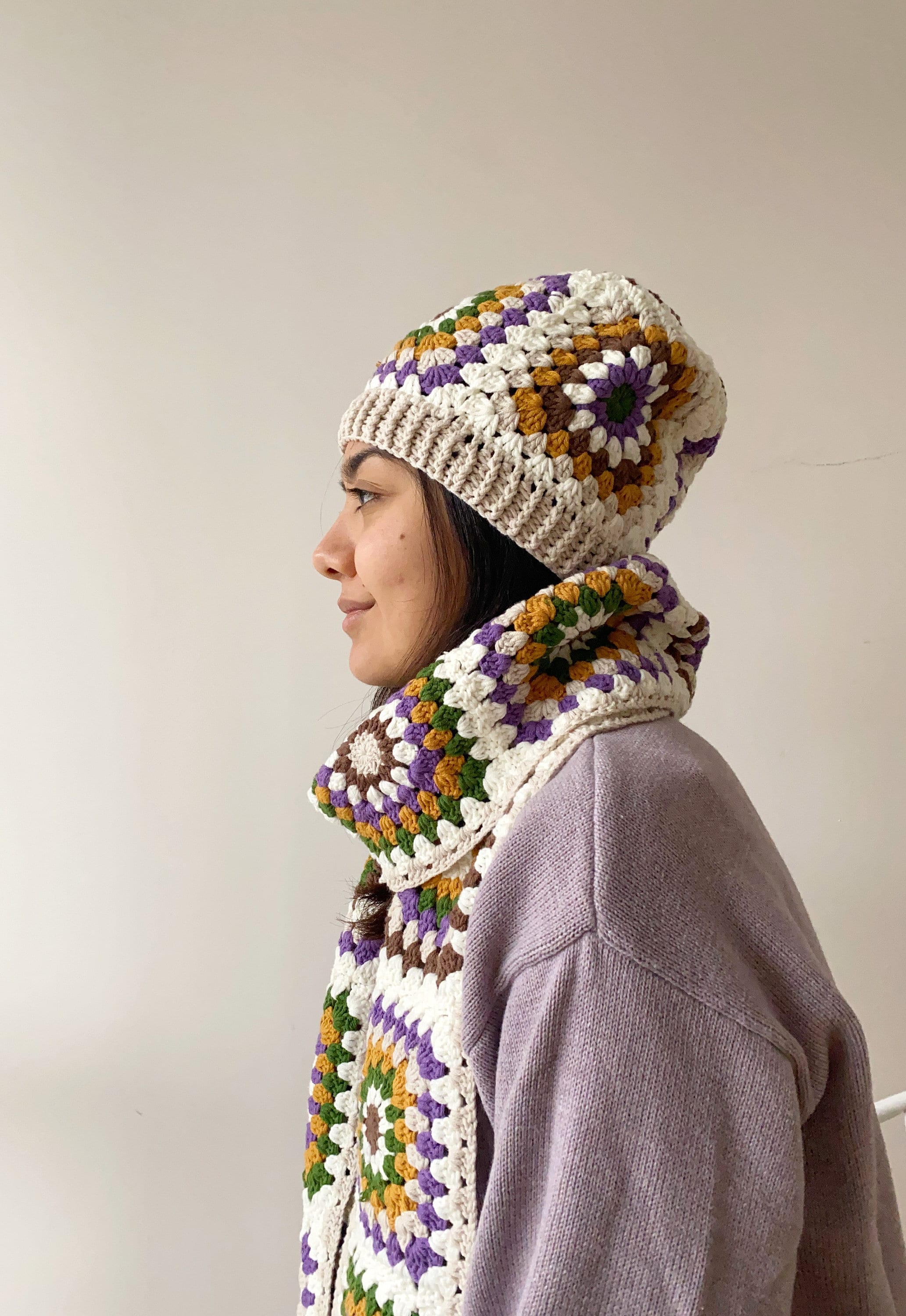 Crochet Granny Square Scarf Hat Set,handmade Knit Winter  display picture 1
