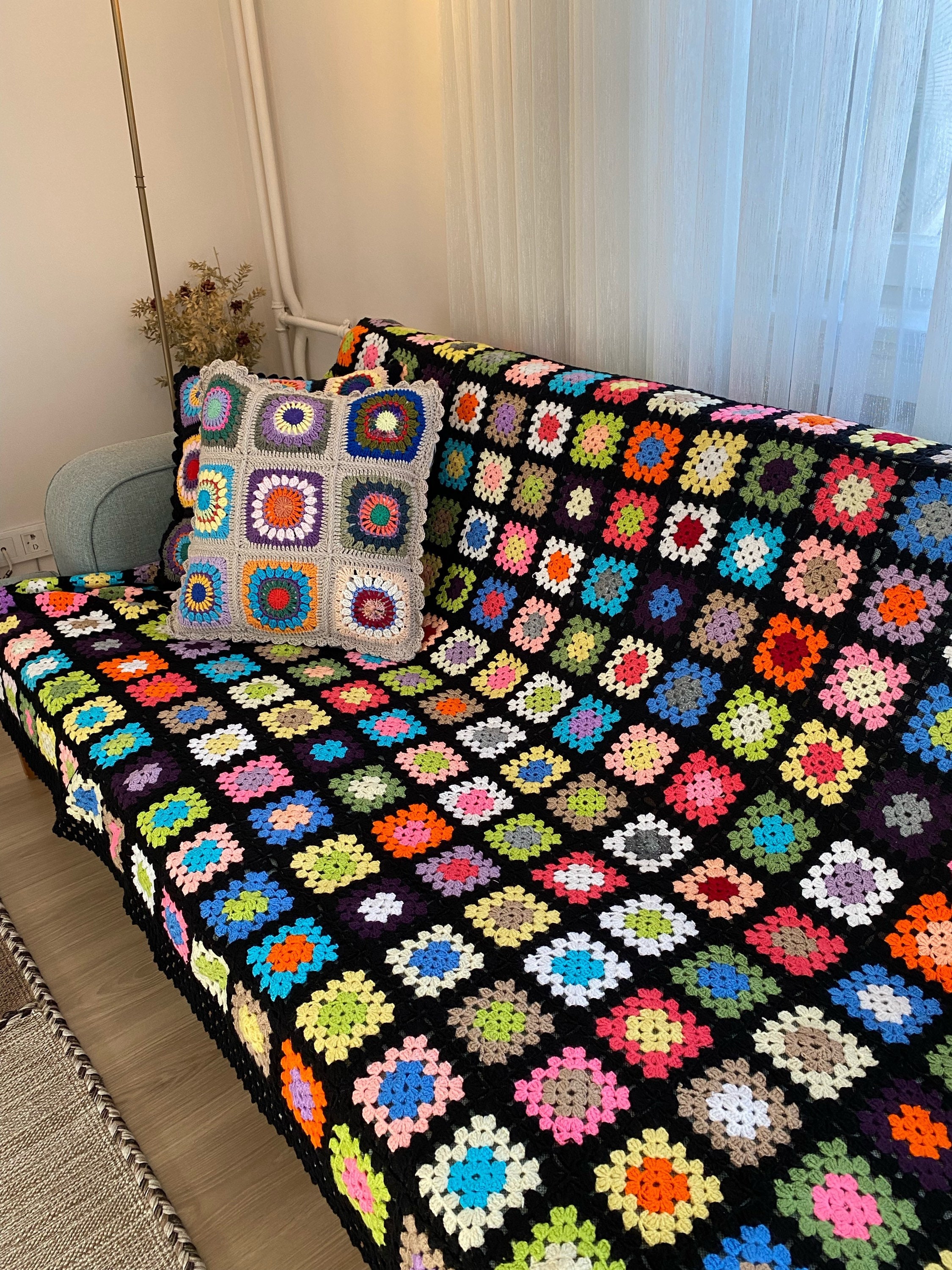 Vintage Crochet Granny Square Blanket Queen Size Fringe