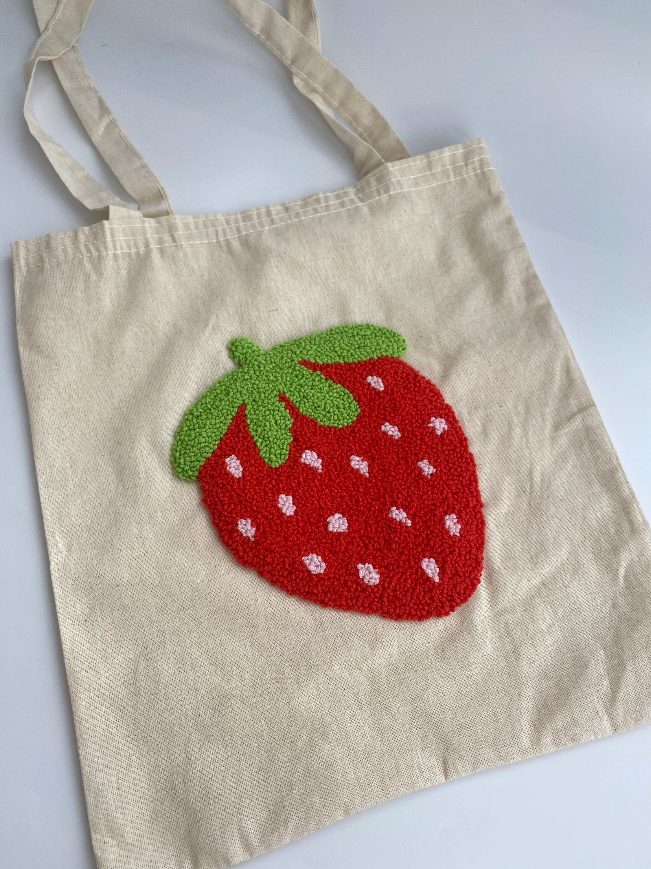 Hand Tufted Punch Needle Tote Bagstrawbery Embroidered Market - Etsy