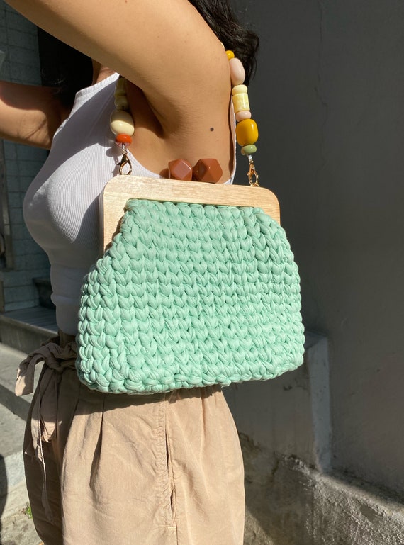 Handmade Wood Frame Clutch Bag unique Hand Knit Purse Design