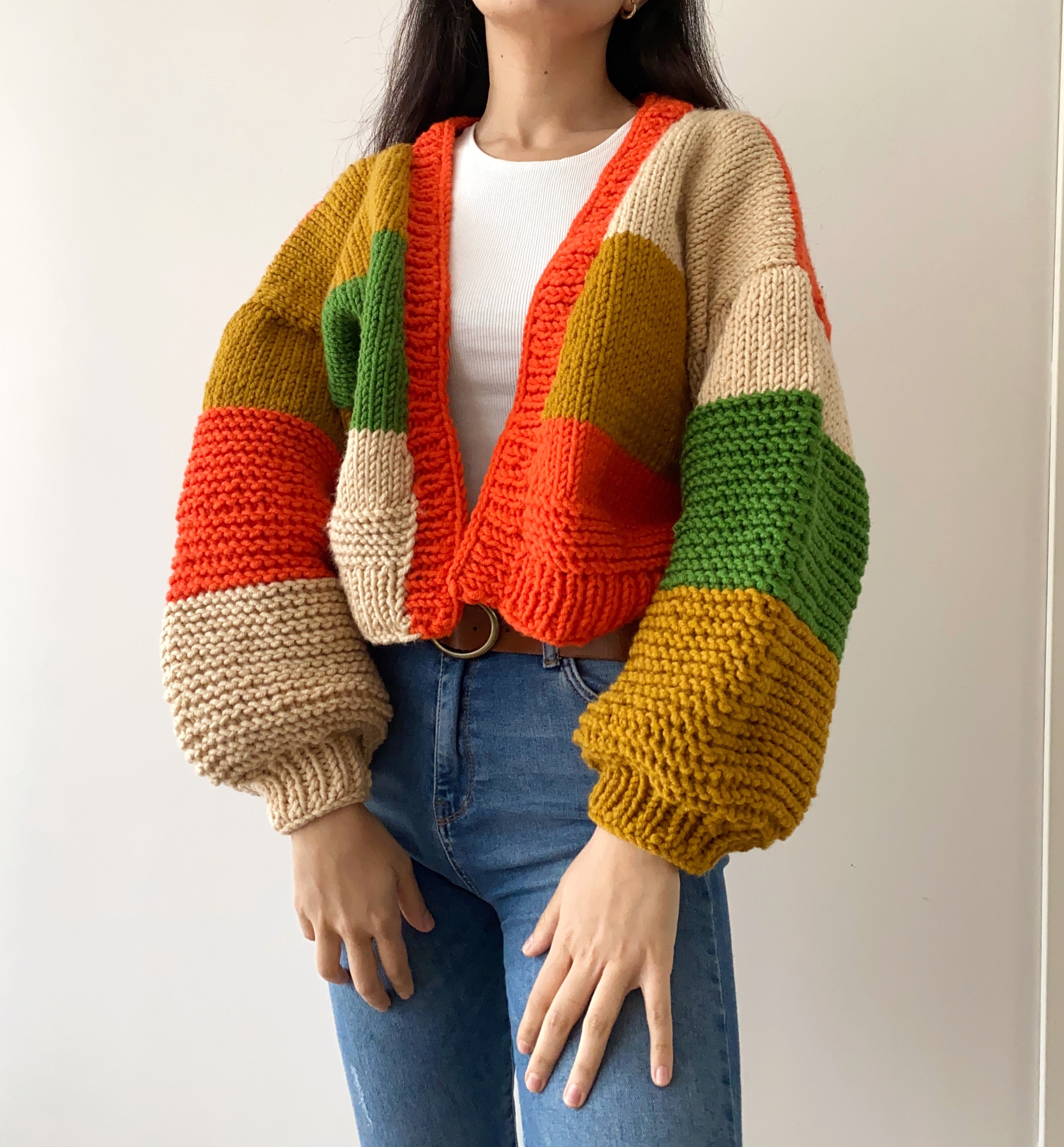 Handknit Chunky Patchwork Cardigan, Soft Women Sweater,handmade