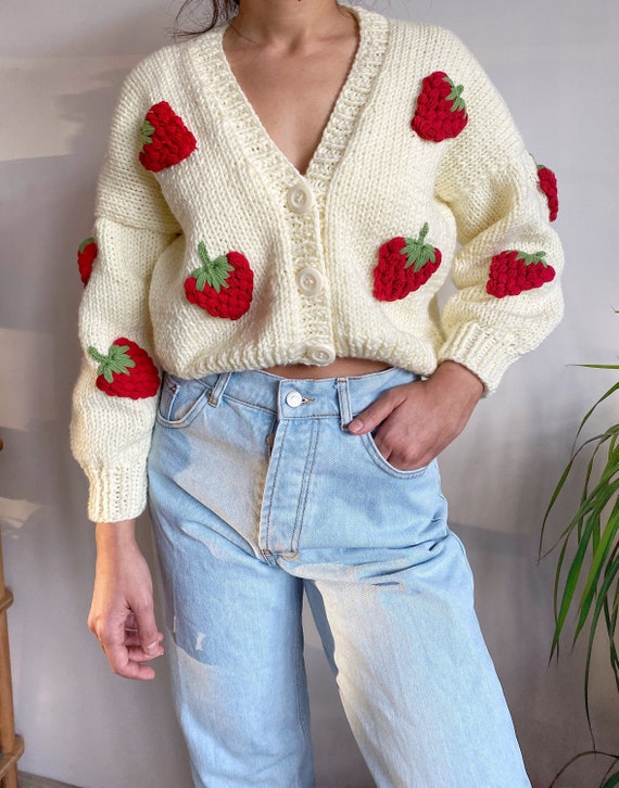 Hand Knit Chunky Strawberry Cardigansoft Women | Etsy