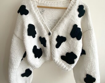Hand Knit Chunky Cow Printed Cardigan,soft Black and White Sweater