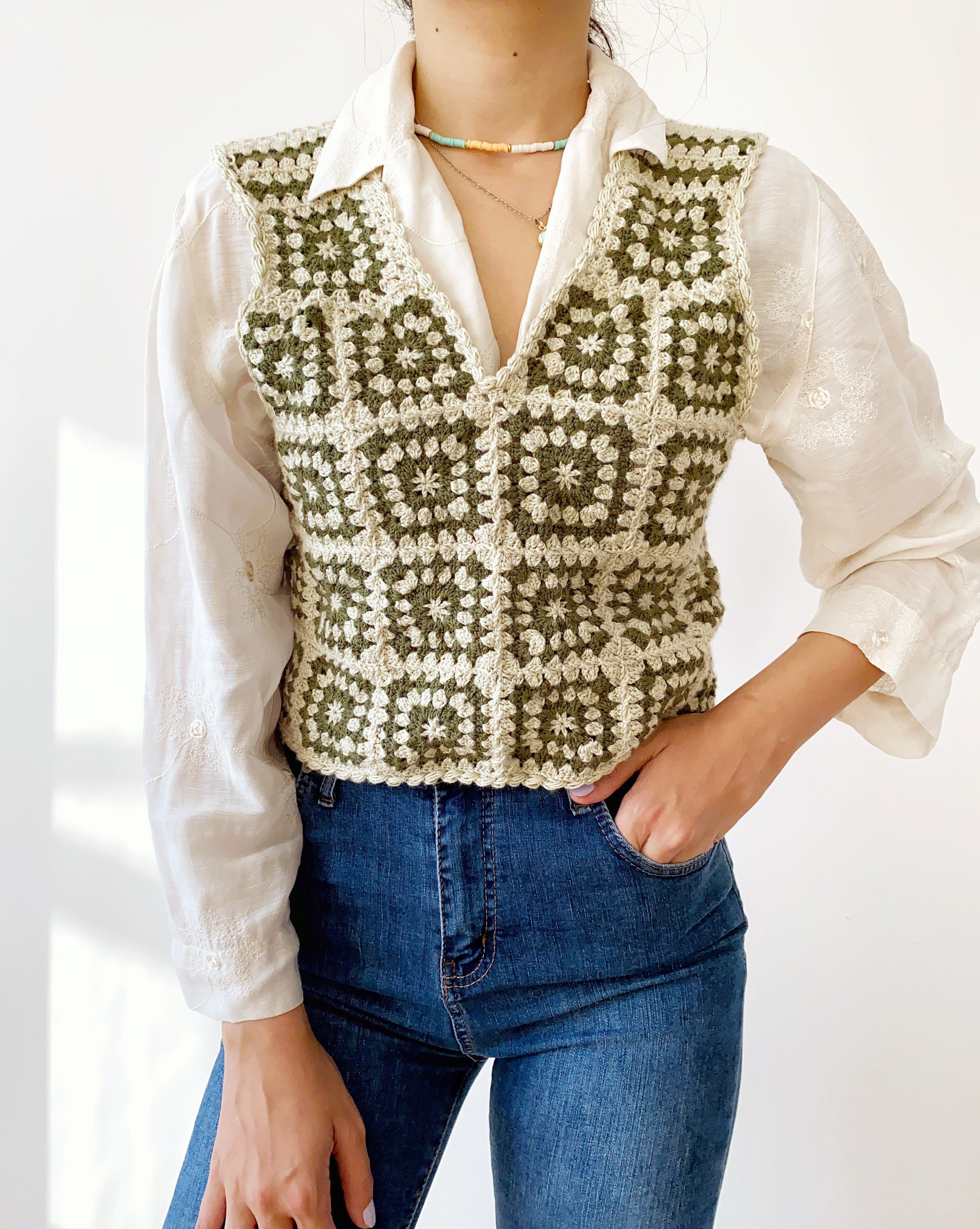 Handknitted Crochet Vest With Retro Granny Square,handmade