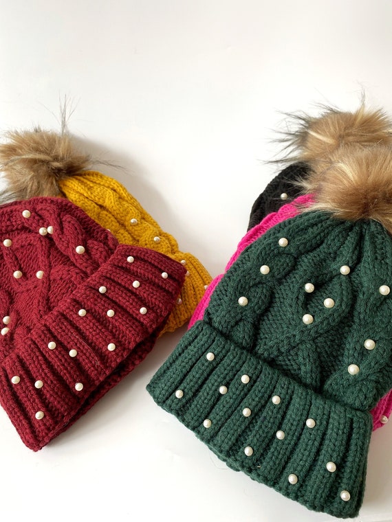 Knit Hat With Pearls,winter Accessories,wool Crochet Beanies  display picture 2