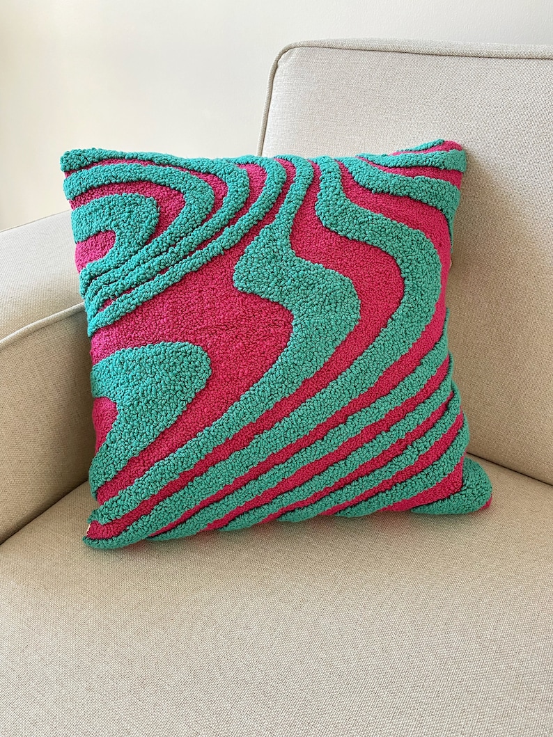 Hand Tufted Punch Needle Pillow Cover,Decorative Embroidered Cushion Cover,Y2k Vibrant Wavy Lines,Fun Home Decor Rug,Psychedelic Printed image 5
