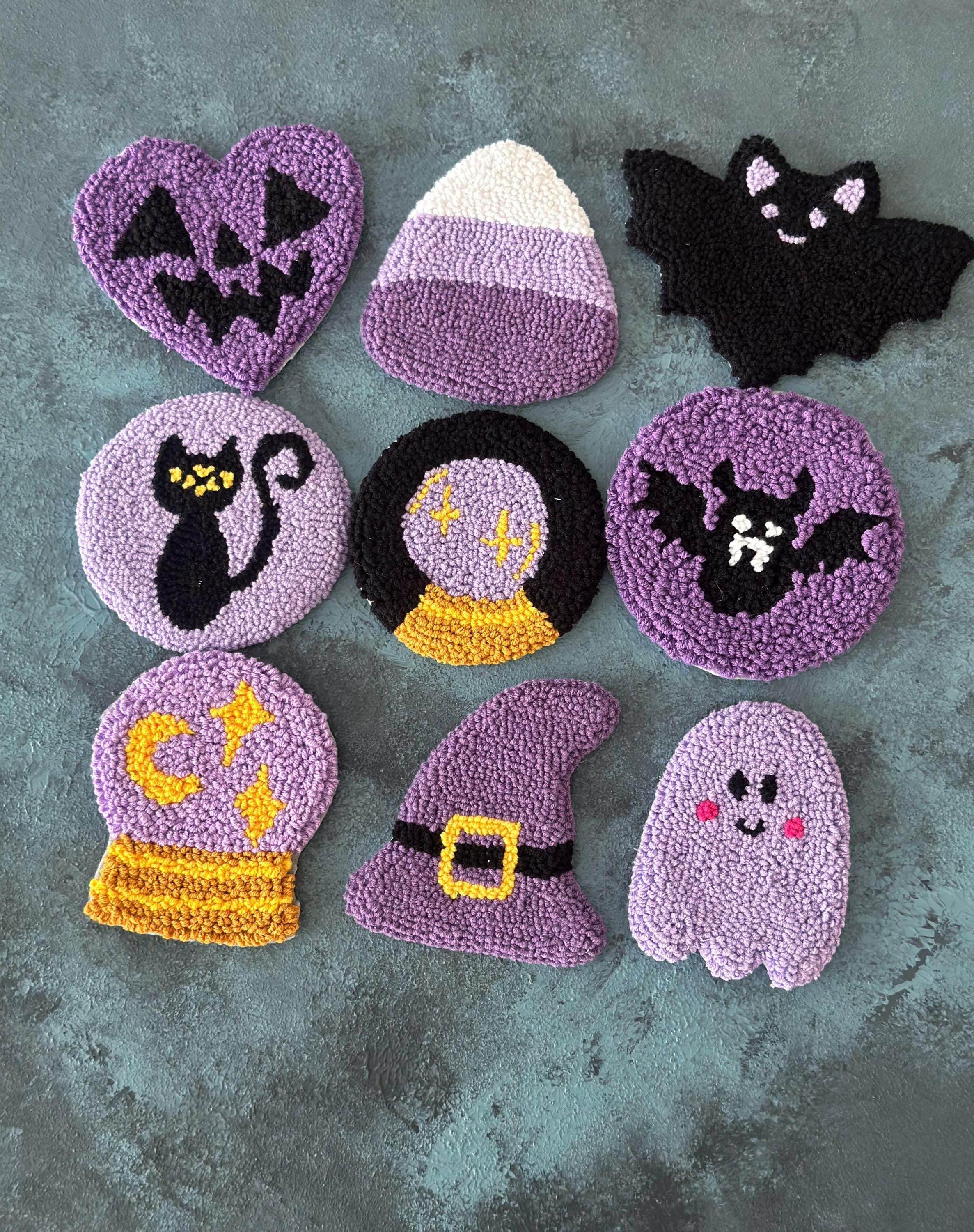 Purple Halloween Punch Needle Coaster,handmade Ghost Spider Web Cup Mat ...
