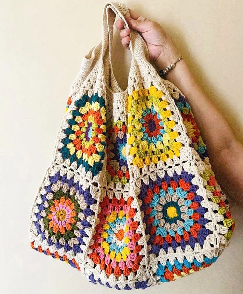 Handmade Large Granny Square Crochet BagHand Knit Beach | Etsy