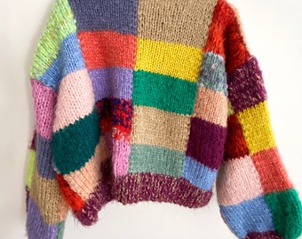 Patchwork Mohair Wool Jumper,hand Knit,colorful Checkered Women