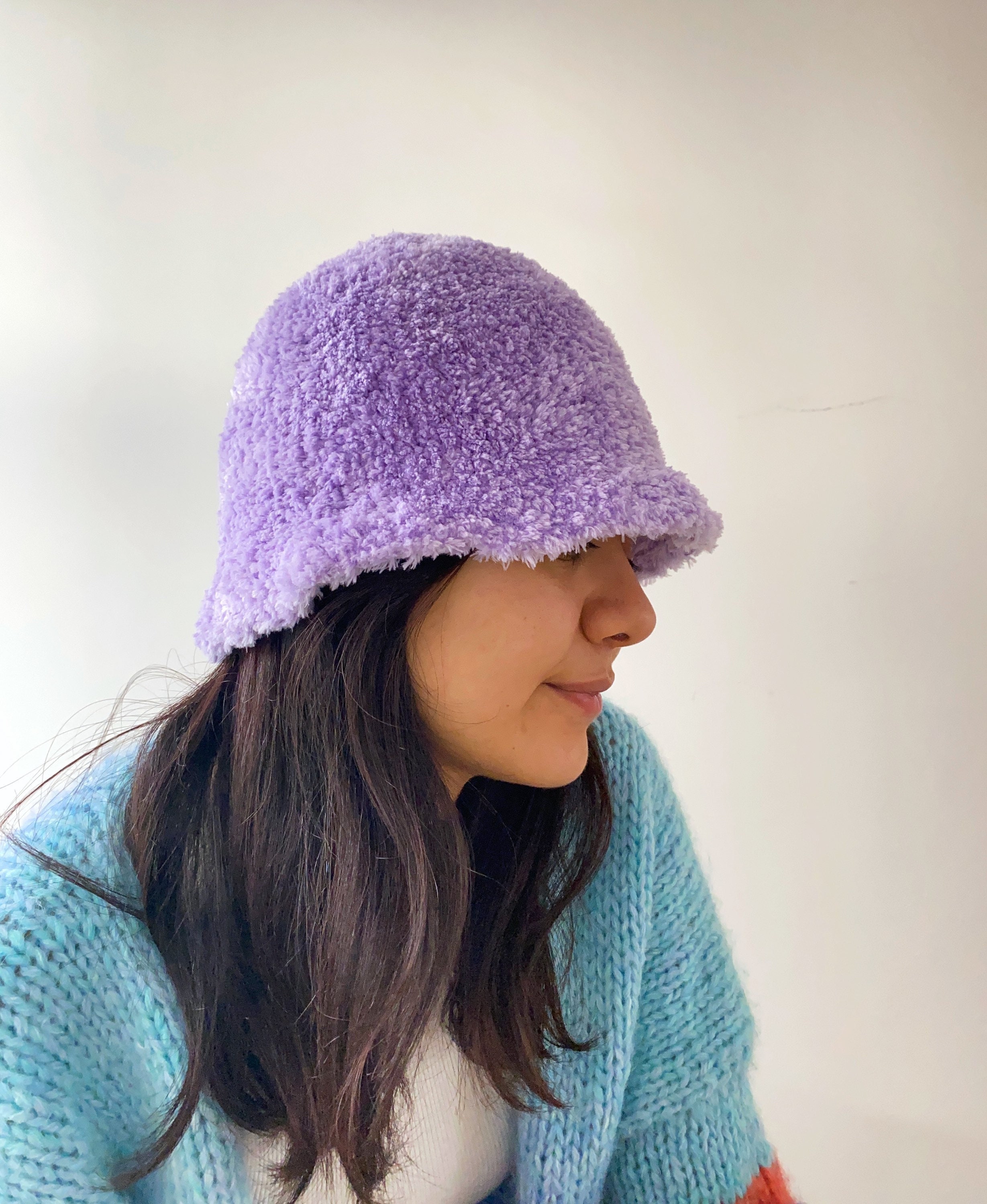 Stylish Crochet Fluffy Bucket Hat,handmade Lilac Plush Hat,soft