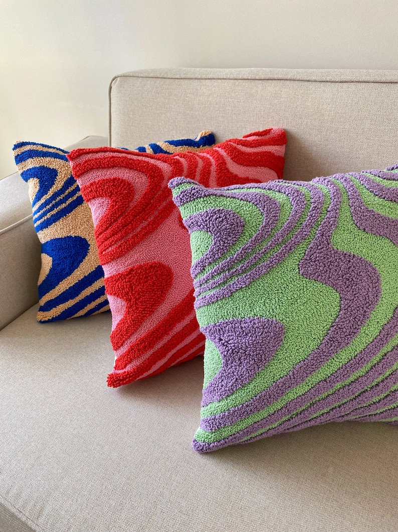 Hand Tufted Punch Needle Pillow Cover,Decorative Embroidered Cushion Cover,Y2k Vibrant Wavy Lines,Fun Home Decor Rug,Psychedelic Printed image 2