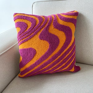 Hand Tufted Punch Needle Pillow Cover,Decorative Embroidered Cushion Cover,Y2k Vibrant Wavy Lines,Fun Home Decor Rug,Psychedelic Printed image 7