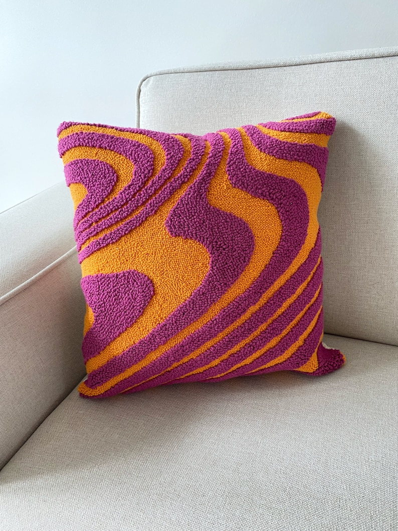 Hand Tufted Punch Needle Pillow Cover,Decorative Embroidered Cushion Cover,Y2k Vibrant Wavy Lines,Fun Home Decor Rug,Psychedelic Printed image 7