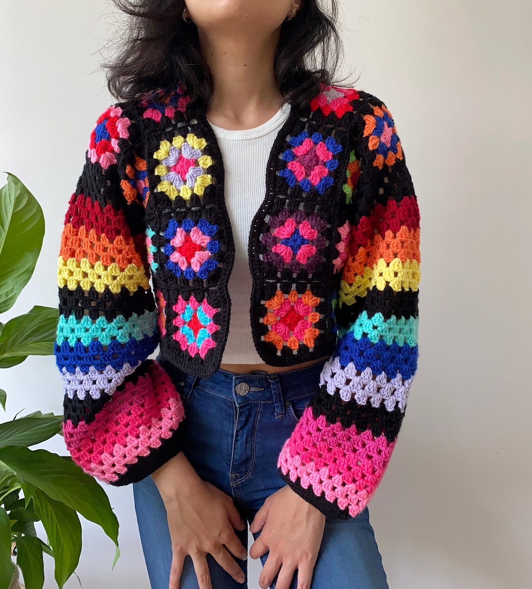 Handknit Granny Square Cardigan,retro Patchwork Women Sweater,bohemian Crop  Knit Outfit,gift Kit for Her,y2k Style,afghan Knit Fashion Women