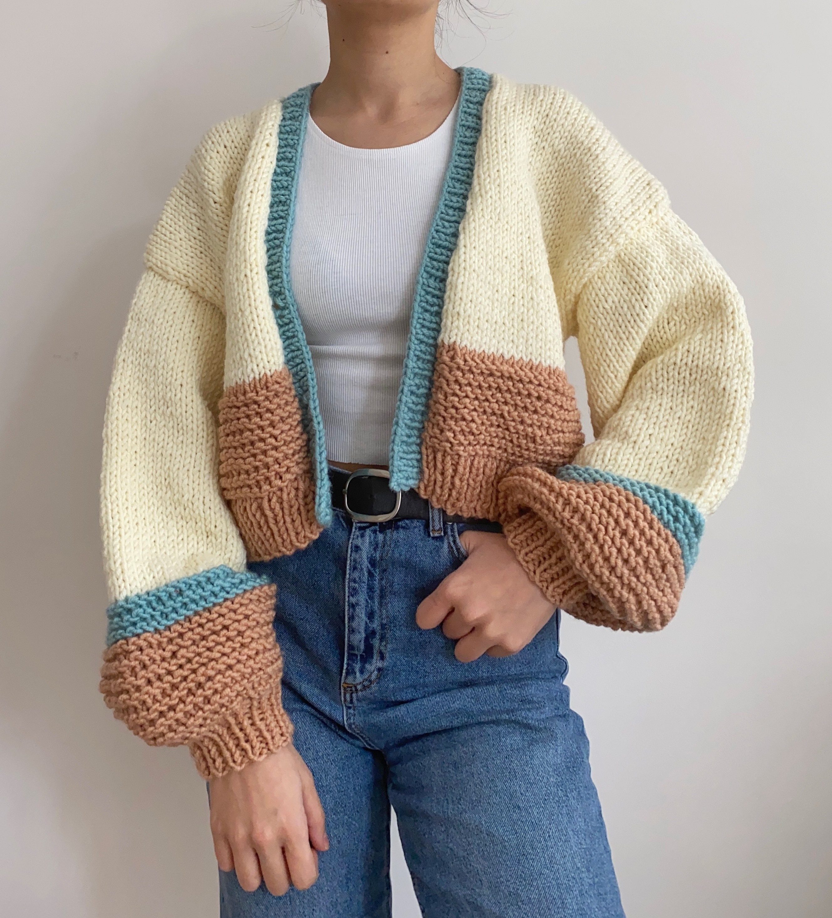 Handknit Chunky Patchwork Cardigan, Soft Women Sweater,handmade