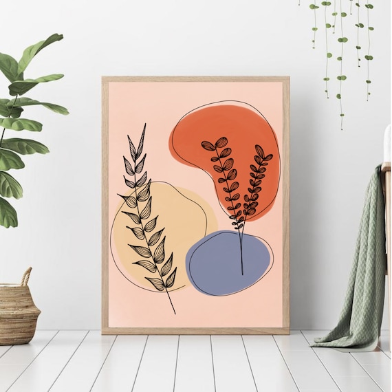 Abstract Botanical Printable Wall Art, One lined art, Plant Leaf with Pastel Colours Printable Poster, Modern Printable Bohemian Wall Art