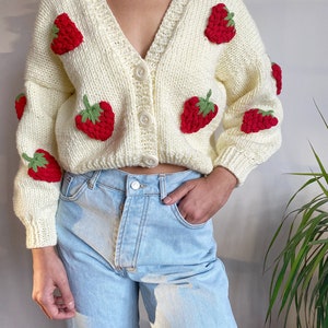 Hand Knit Chunky Strawberry Cardigan,soft Women Sweater,handmade Crop ...