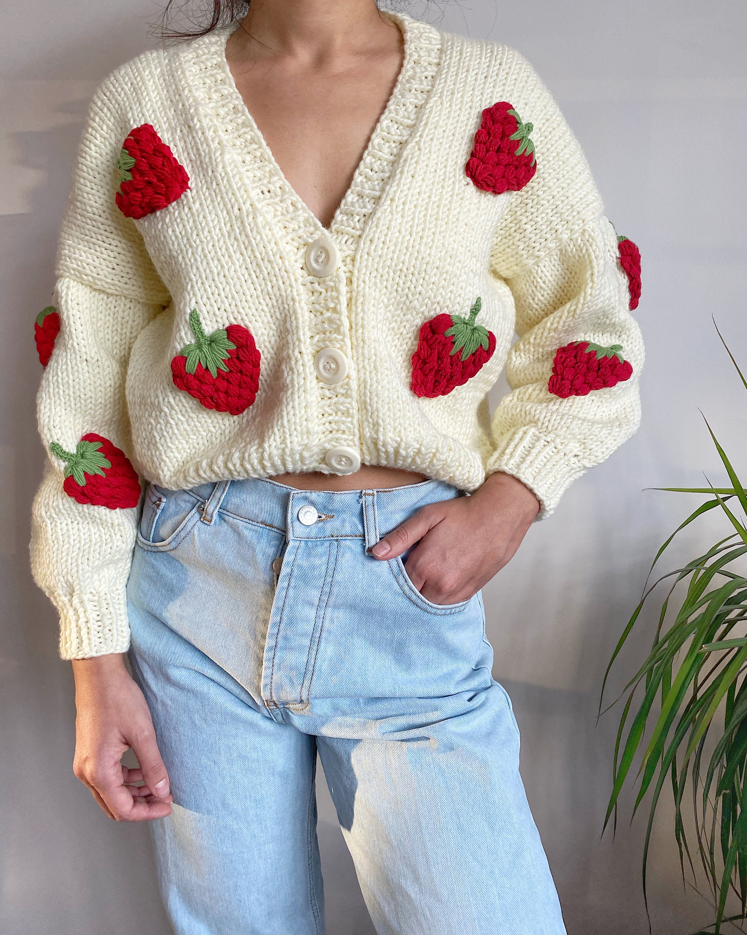 Hand Knit Chunky Strawberry Cardigan,soft Women Sweater