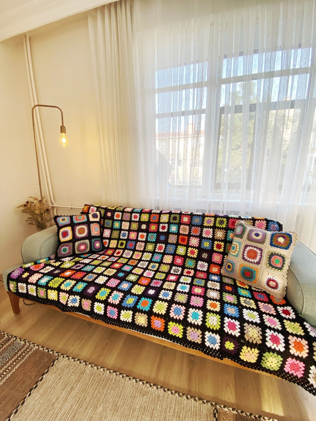 Crochet Granny Square Bedspread,handmade Vintage Bed Cover,boho