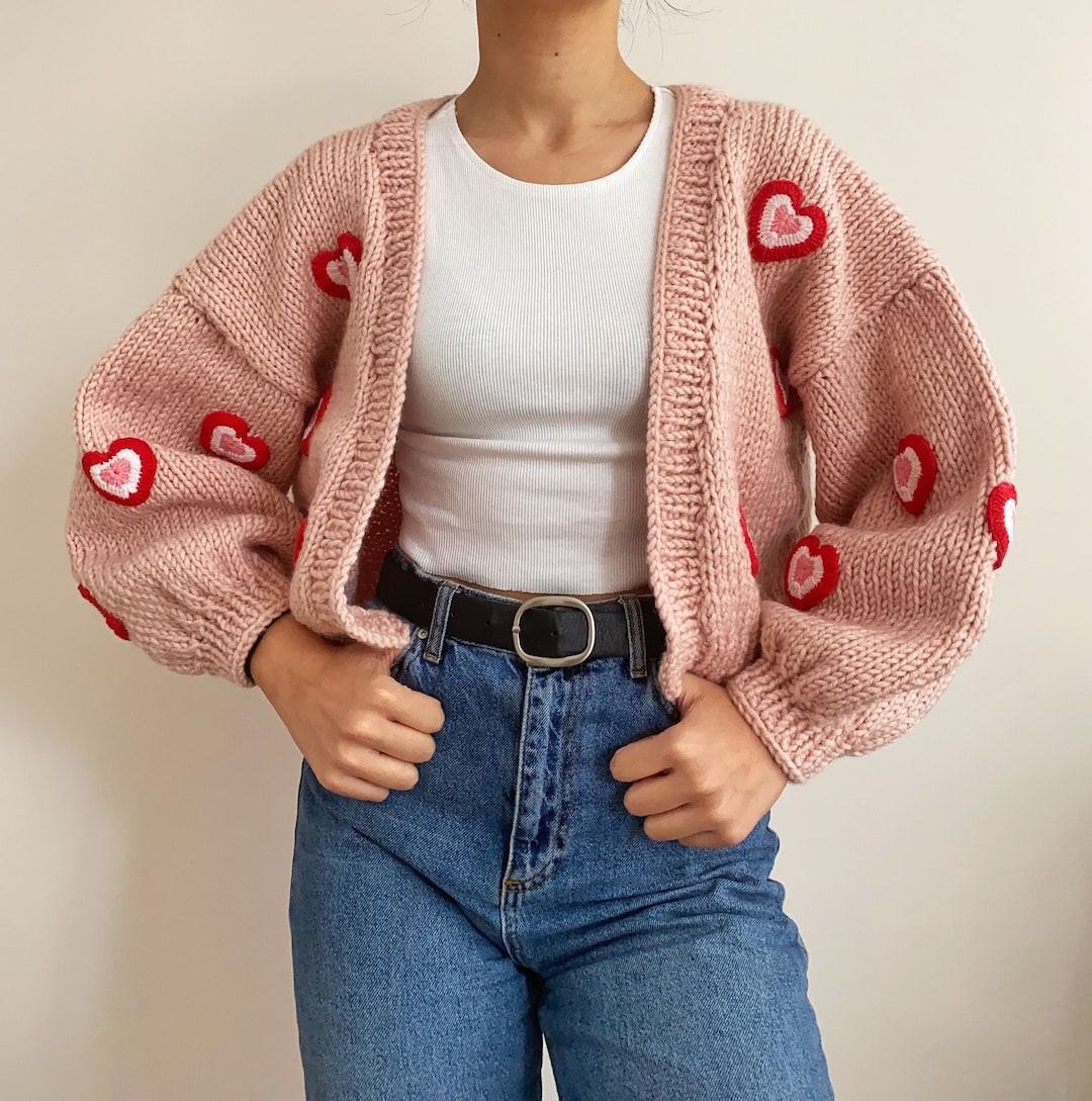 Hand Knit Chunky Heart Cardigan,soft Pink Women Sweater