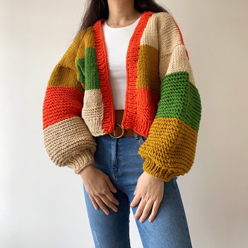 Handknit Chunky Patchwork Cardigan, Soft Women Sweater,handmade