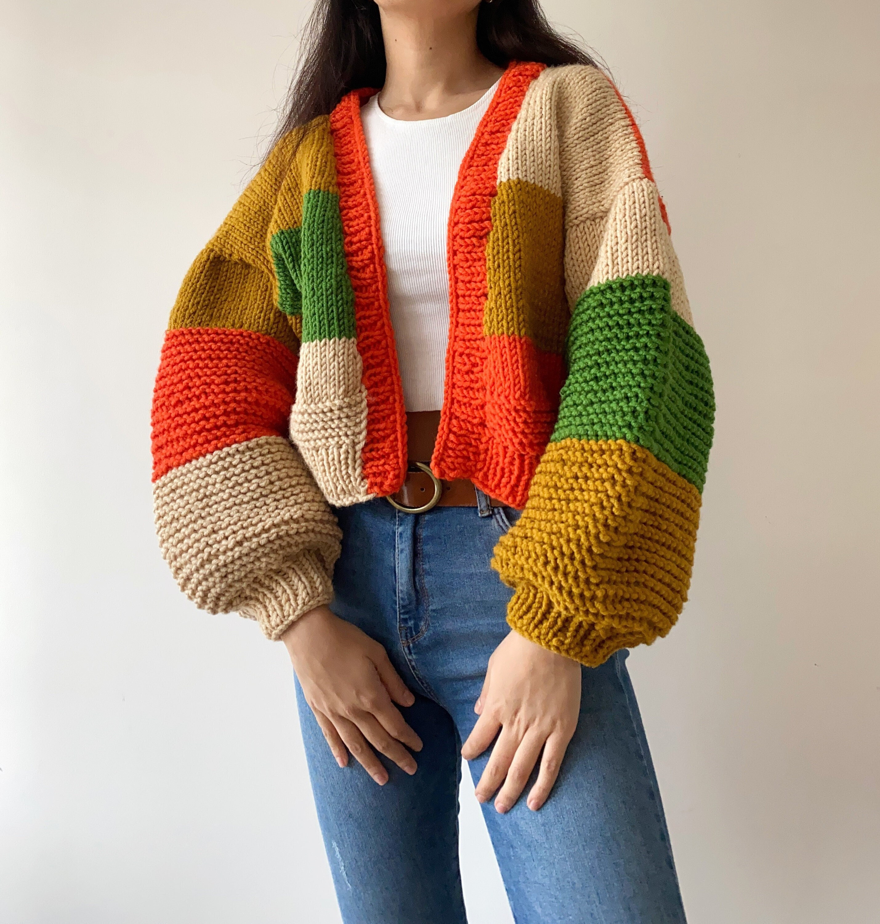 Handknit Chunky Patchwork Cardigan, Soft Women Sweater,handmade