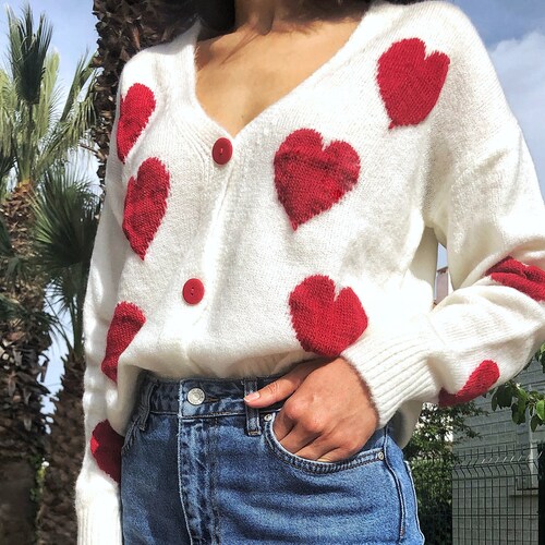 Unique Cardigan With Red Heartscozy Knit Top Soft Women - Etsy UK