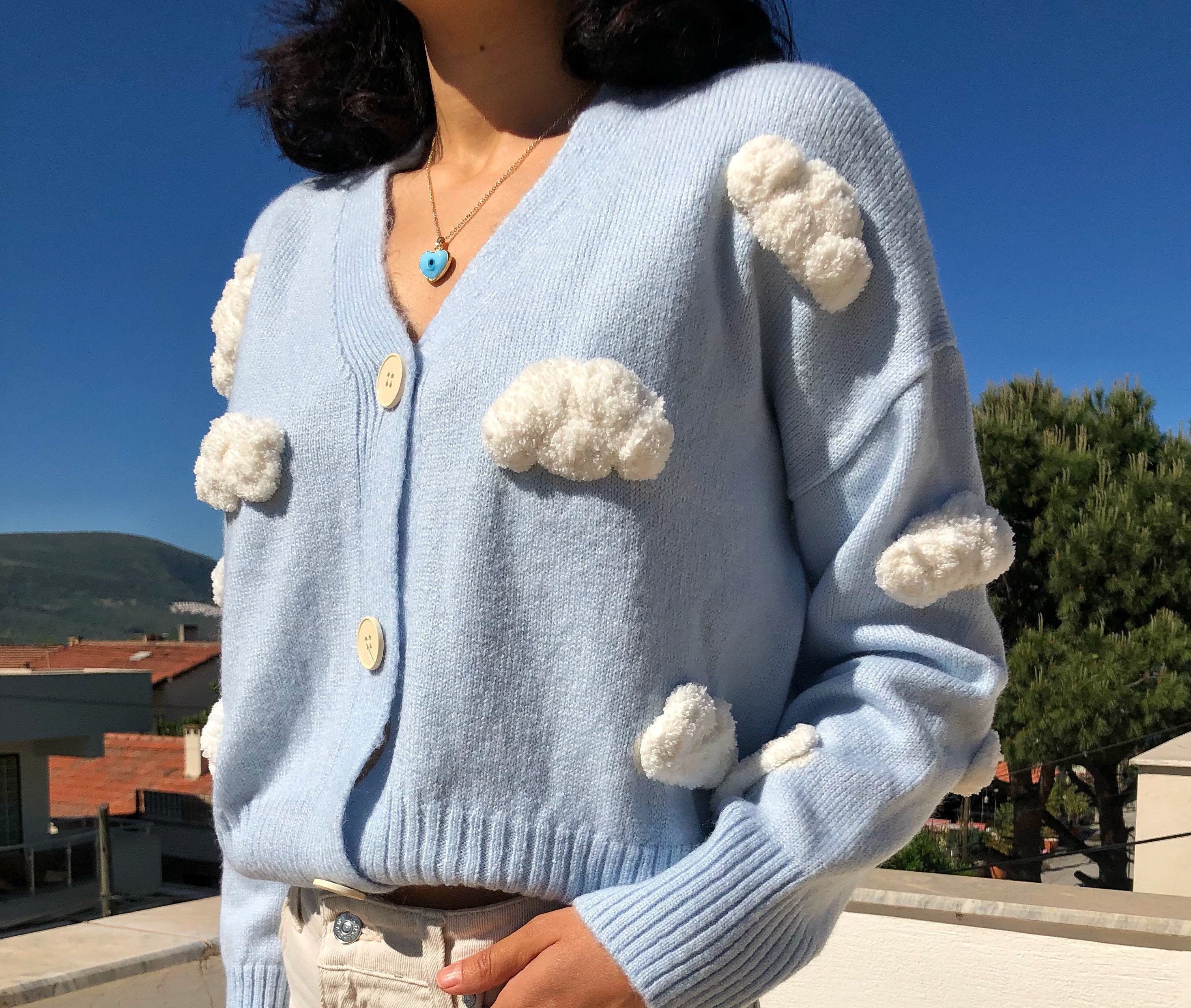 Handmade Cloud Embroidery Cardigan, Baby Blue Knit Y2k Top - Etsy