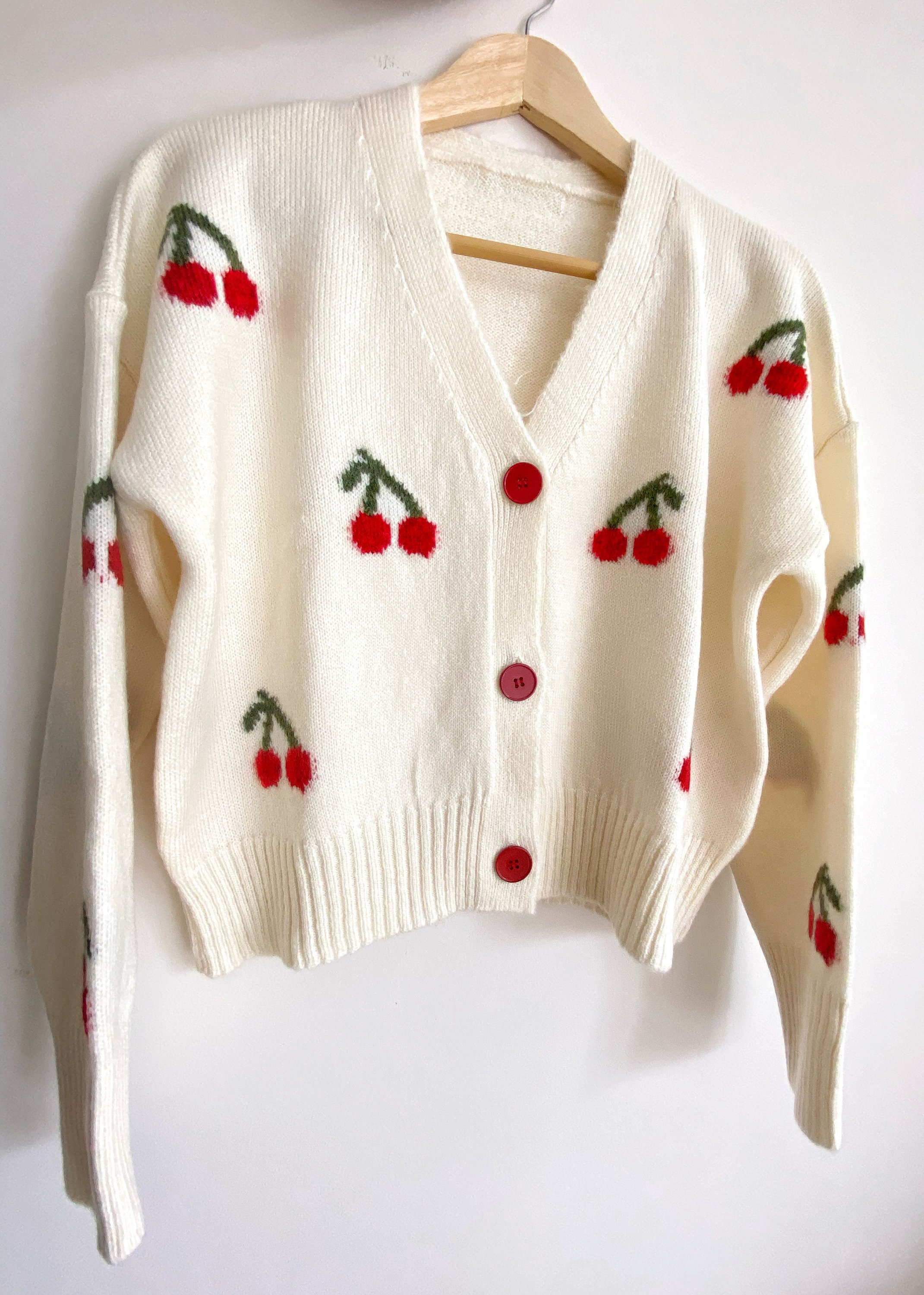 vintage cherry × flower cardigan Women Cute Flower Cardigan Sweaters Long Sleeve V Neck Daisy