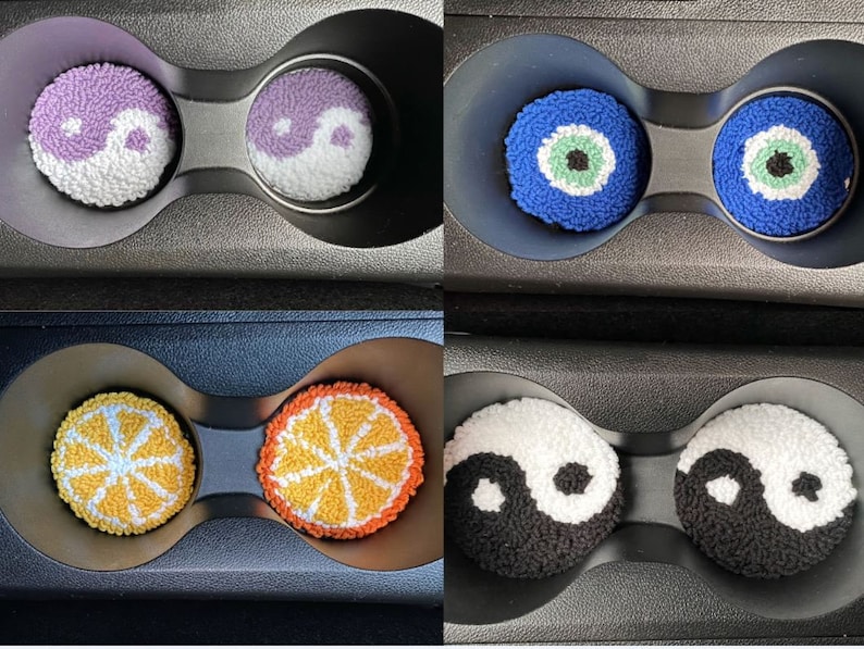 Cute Car Accessories, Set of 2 Punch Needle Car Coasters,Decorative Y2k Fun Mug Rugs,Custom Car Decor,Cold Drink Coaster,Car Cup Holder 