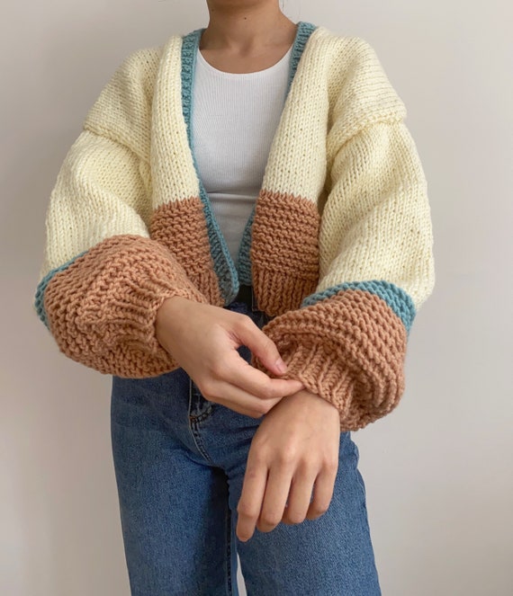 Handknit Chunky Patchwork Cardigan, Soft Women Sweater,handmade
