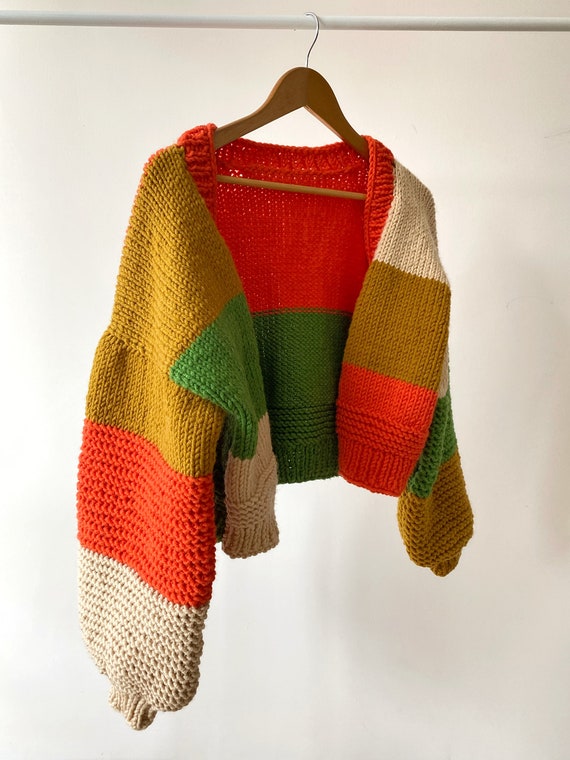 Handknit Chunky Patchwork Cardigan, Soft Women Sweater,handmade