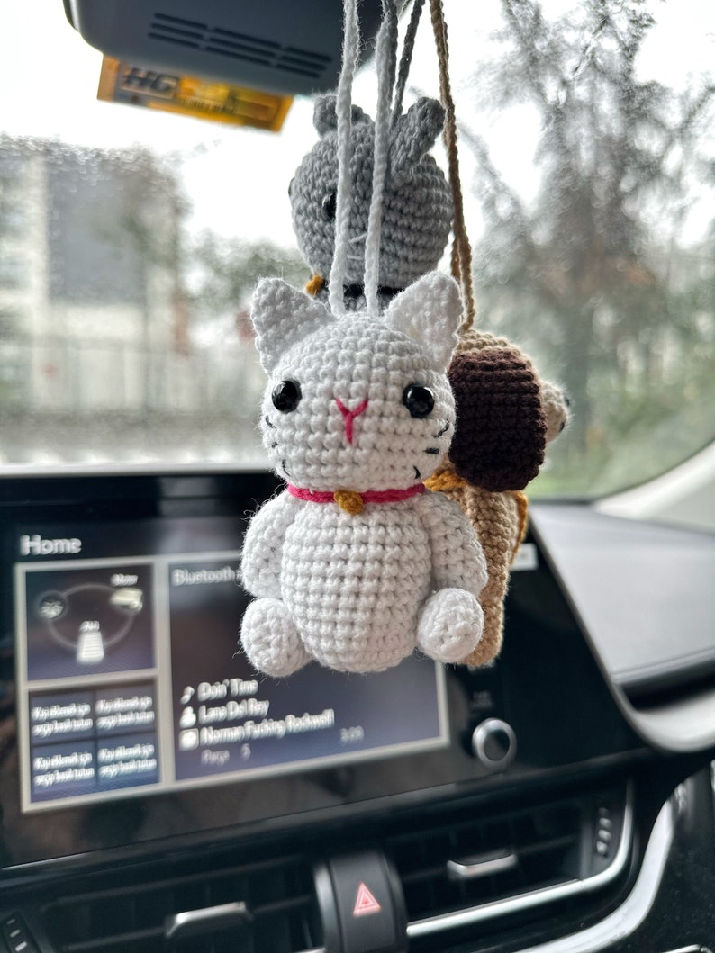 Cute Crochet Cat Car Mirror Charms,Amigurumi Dog Car Accessory,New Car Gift,Kitty Car Mirror Hanging,Car Interior,Rear-View Mirror Pendant image 7