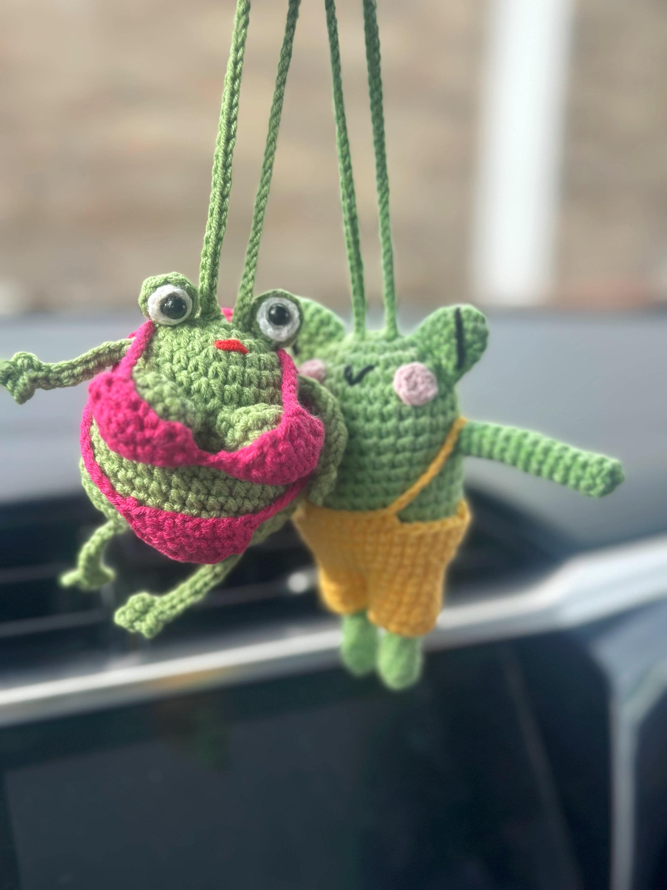Cute Frog Couple Car Mirror Hanging Accessories, Crochet Car Charm