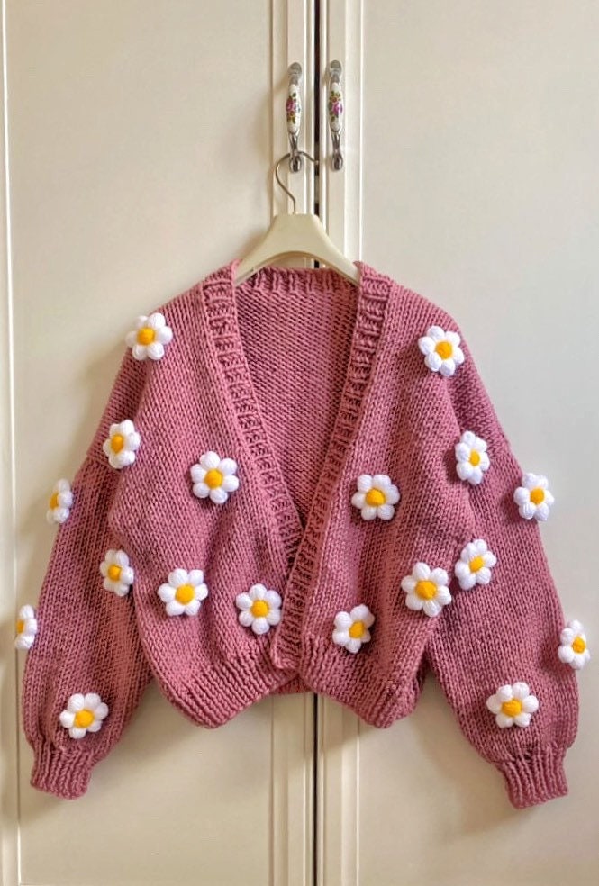Handknit Chunky Daisy Cardigan Embroidery,soft Flower Punch