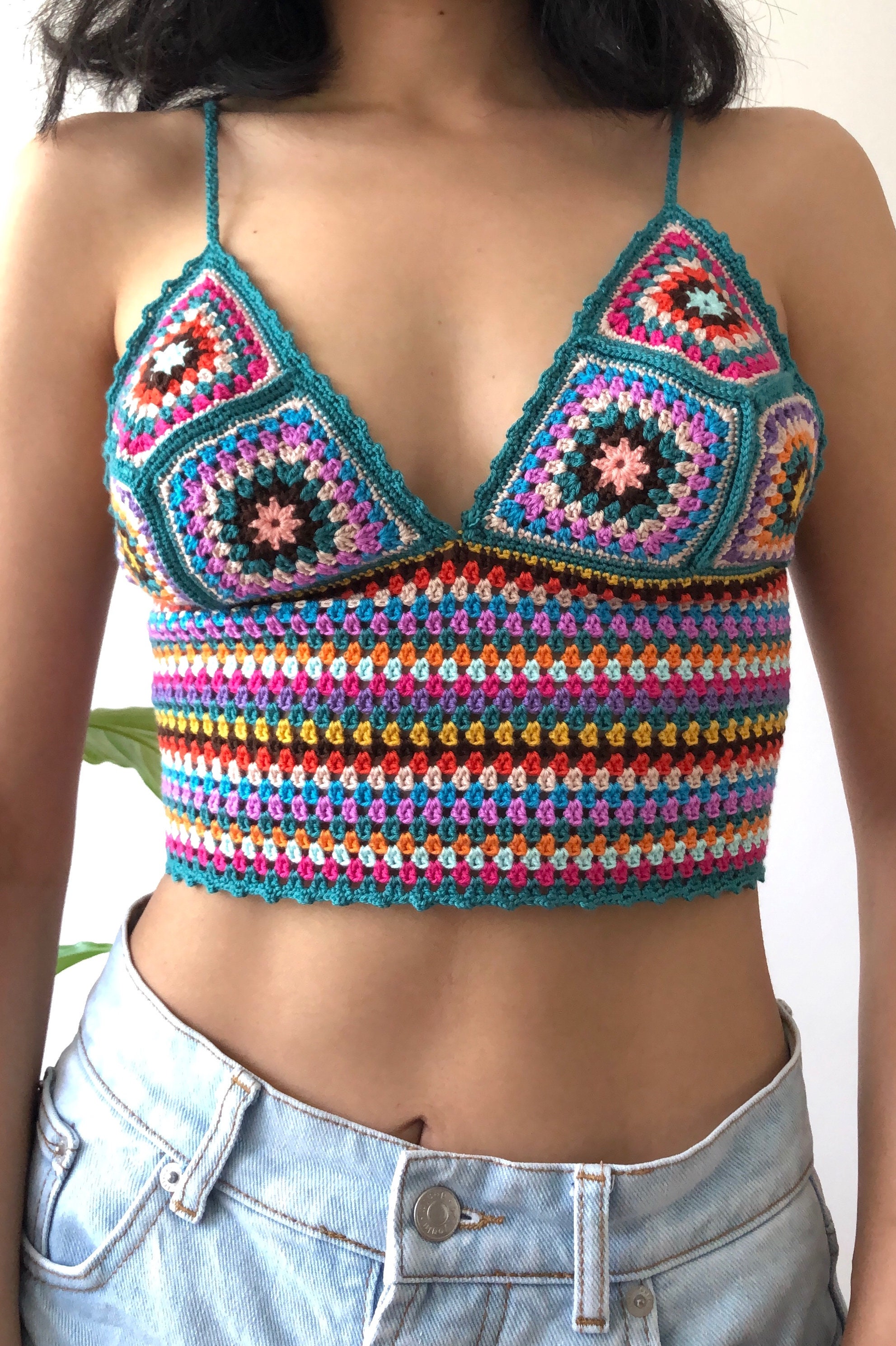 Handknitted Crochet Top With Retro Granny Square,summer Women Tank Top,festival  Crop Halter Bralette With Adjustable Ties,gypsy Yoga Top -  Canada