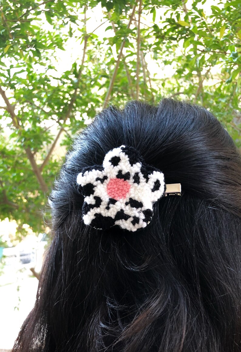 Hand Tufted Punch Needle Hair Clipscow Printed Flower Etsy