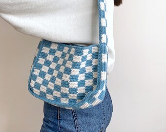Bolso de crochet con diseño de cuadros hecho a mano, bolso de crochet, bolso de hombro Y2k de crochet, bolso de crochet bohemio, bolso de mano a cuadros, bolso de cóctel único, ecológico
